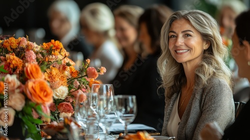 A woman with wavy hair smiles warmly during a sophisticated gathering. The table is adorned with vibrant floral arrangements, enhancing the inviting atmosphere for guests.