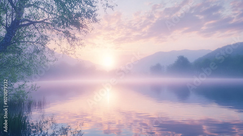 misty pink sunset over tranquil lake and mountains