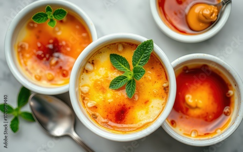 A close-up of three individual servings of creme brulee, topped with a sprig of mint photo