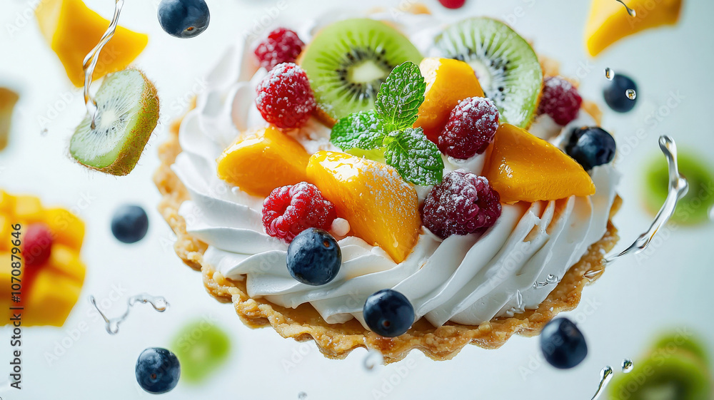 A fruit tart featuring colorful fruits like kiwi, mango, and berries soaring above a flaky crust, with whipped cream swirls and mint leaves floating, exuding freshness and sweetness A fruit tart featuring colorful fruits like kiwi, mango, and berries soaring above a flaky crust, with whipped cream swirls and mint leaves floating, exuding freshness and sweetness