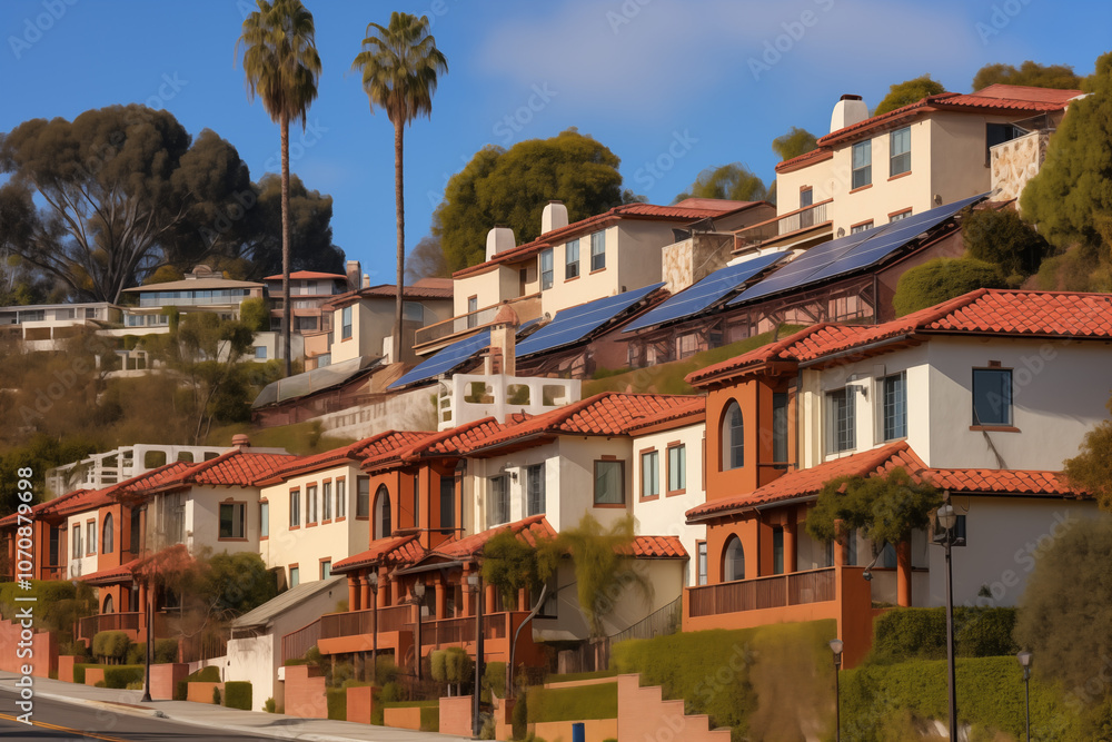 Naklejka premium A stunning row of modern houses with solar panels nestled on a hillside, surrounded by lush greenery and palm trees, showcasing sustainable living in architecture.