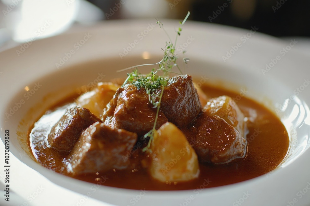 A white bowl filled with cooked meat and potatoes