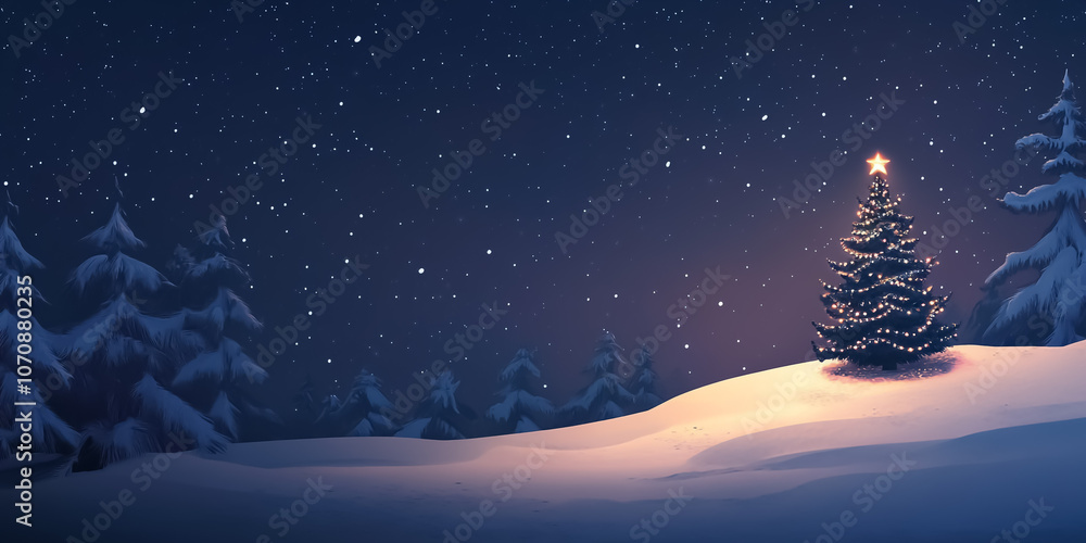 winter night snowy forest with Christmas tree and full moon. winter night snowy forest with Christmas tree and full moon.