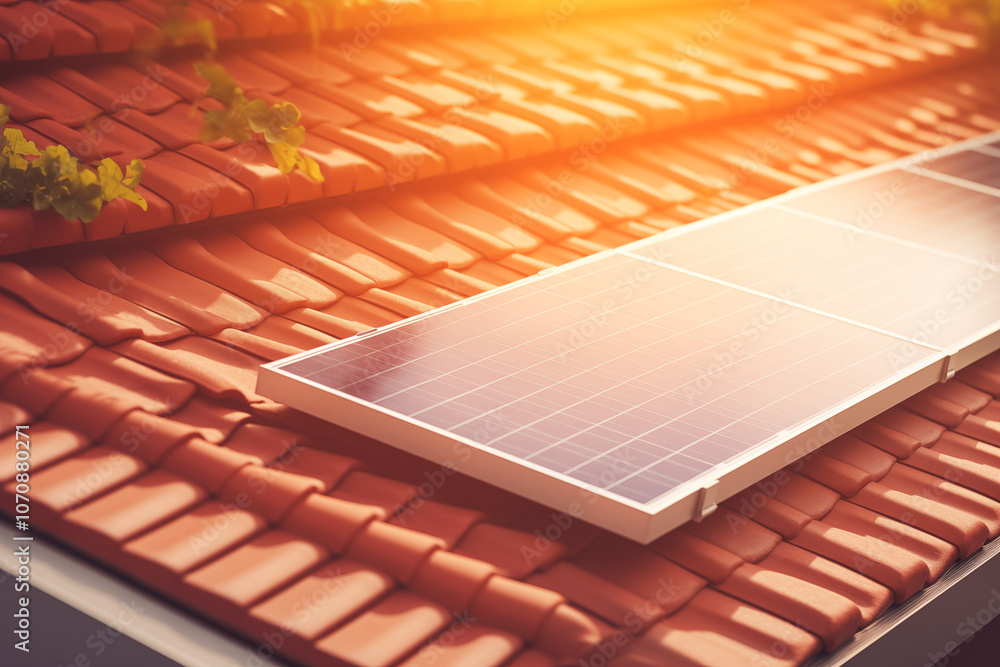 A close-up view of a solar panel installed on a red tiled roof, with sunlight illuminating the scene, showcasing renewable energy and eco-friendly technology in residential areas.