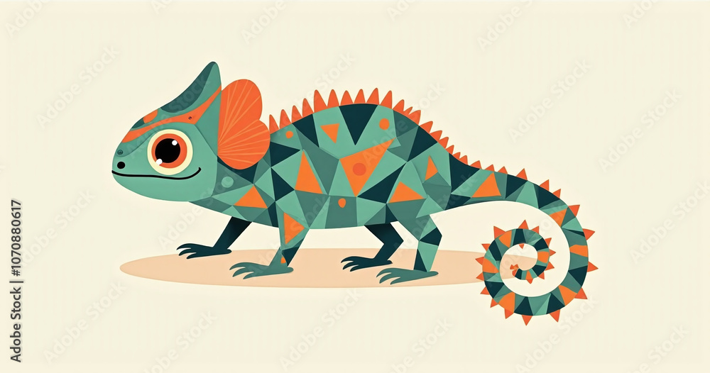 Fototapeta premium Chameleon design features a cute kawaii style animal illustration with colorful geometric mosaic print on a solid background
