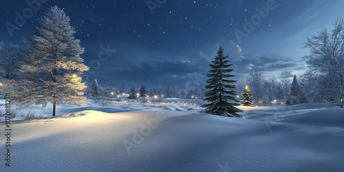 winter night snowy forest with Christmas tree and full moon.