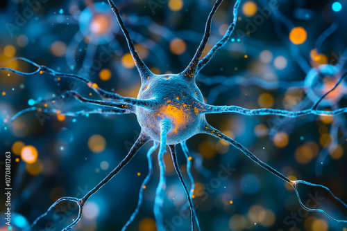 A close up of a blue and orange neuron