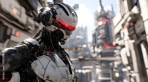 A cinematic shot of an AI robot with glowing red eyes, dressed in black armor and standing on the streets