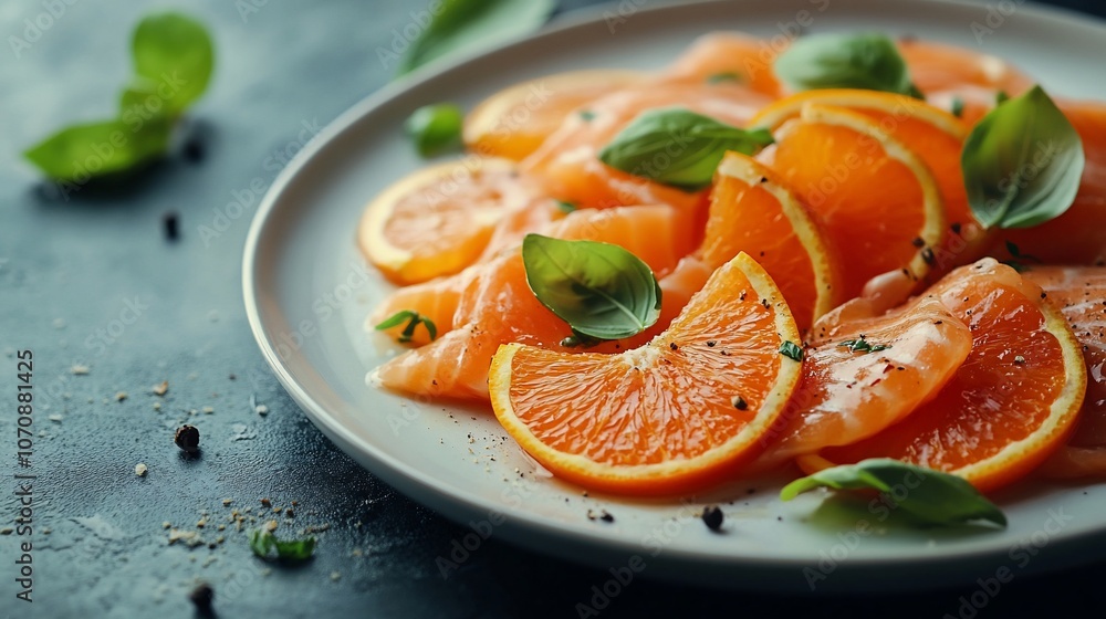 Close-up of a plate with slices of smoked salmon, orange slices, and fresh basil leaves, seasoned with black pepper. Close-up of a plate with slices of smoked salmon, orange slices, and fresh basil leaves, seasoned with black pepper.