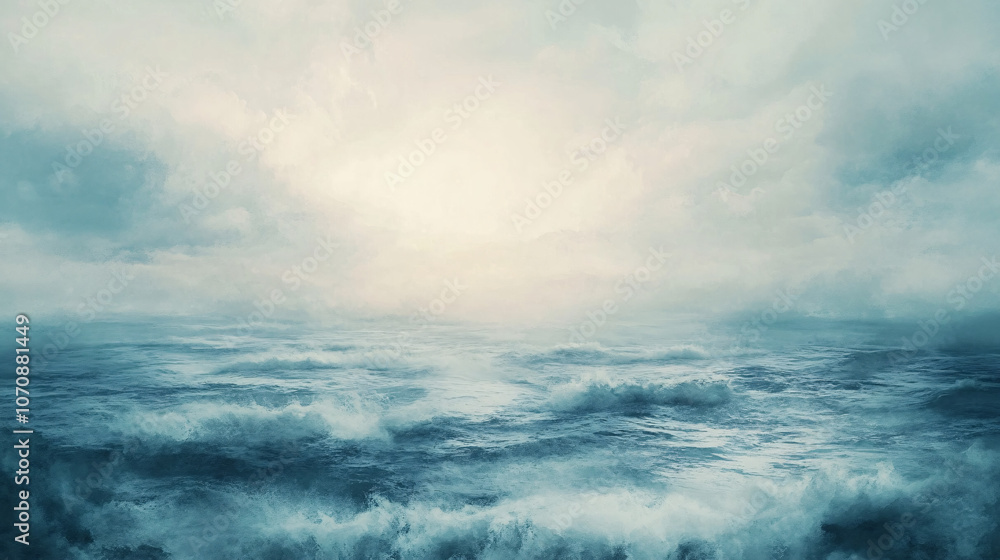 moody blue ocean waves and foggy sky landscape background moody blue ocean waves and foggy sky landscape background