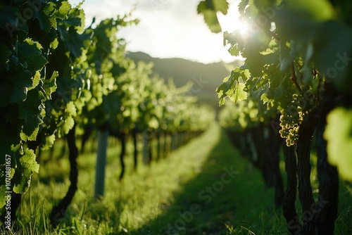 A serene scene of a vineyard with sunlight filtering through the leaves, perfect for use in travel or wine-themed projects