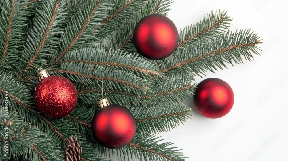 Decorative Christmas ornaments on a natural pine branch, ideal for holiday-themed designs and illustrations Decorative Christmas ornaments on a natural pine branch, ideal for holiday-themed designs and illustrations