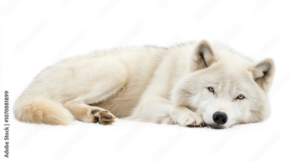 A resting Arctic wolf with a fluffy white coat, lying comfortably on a white background. A resting Arctic wolf with a fluffy white coat, lying comfortably on a white background.