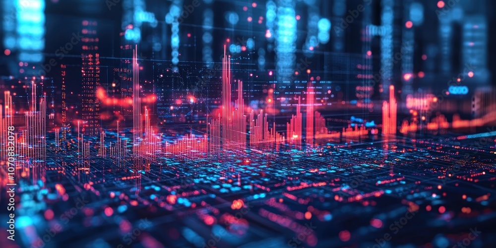 Fototapeta premium Abstract Digital Cityscape with Red and Blue Lines and Data