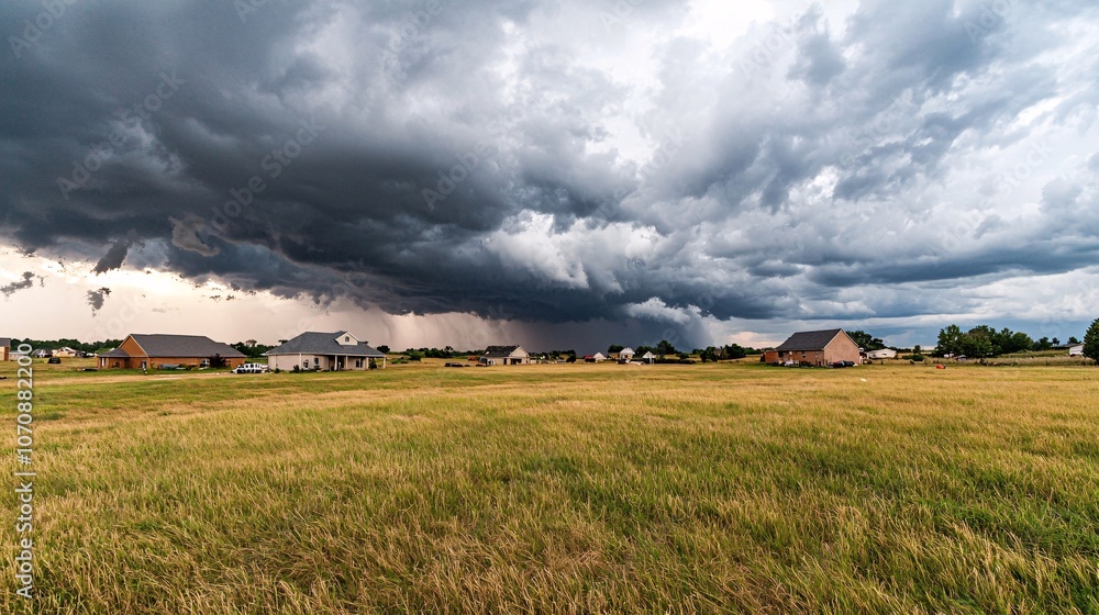 Obraz premium Tornado Approaching Small Town in Panoramic View