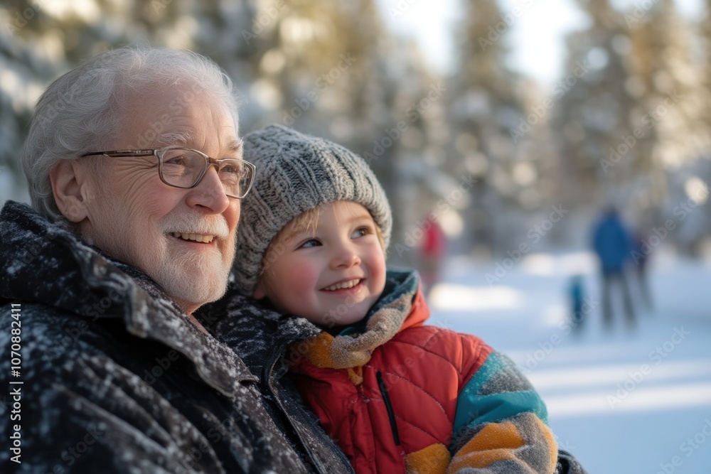 Obraz premium Grandfather and child enjoying a snowy winter day outdoors