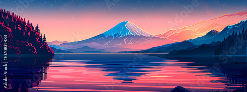 A serene sunset over a tranquil lake, framed by majestic mountains and vibrant trees, creating a breathtaking alpine landscape.