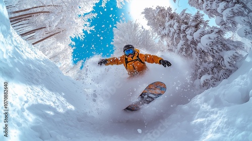 A snowboarder executes an impressive backflip trick against a backdrop of snow-covered trees during a bright winter day
