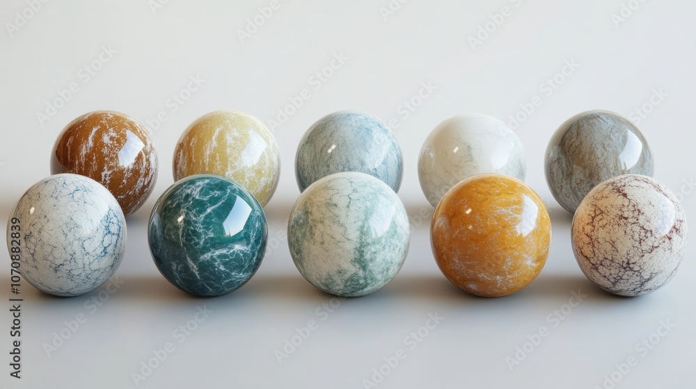 A row of nine different colored marbles, including white, yellow, and green A row of nine different colored marbles, including white, yellow, and green