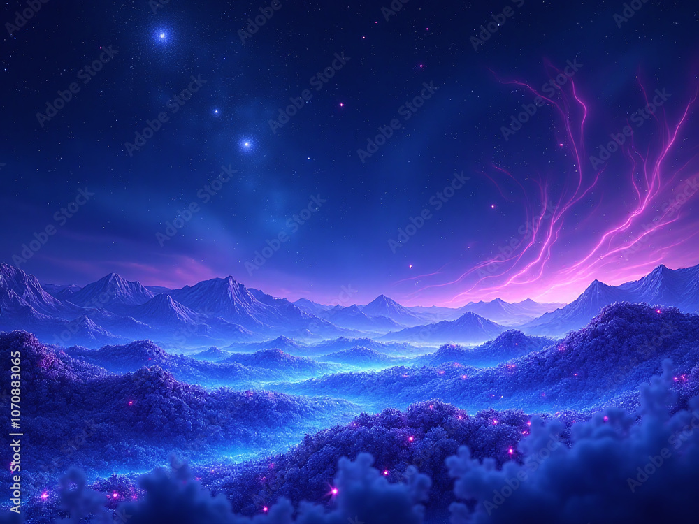 Cosmic landscape with neon stars swirls and ethereal glow in blues and purples suitable for festive parties and events Cosmic landscape with neon stars swirls and ethereal glow in blues and purples suitable for festive parties and events