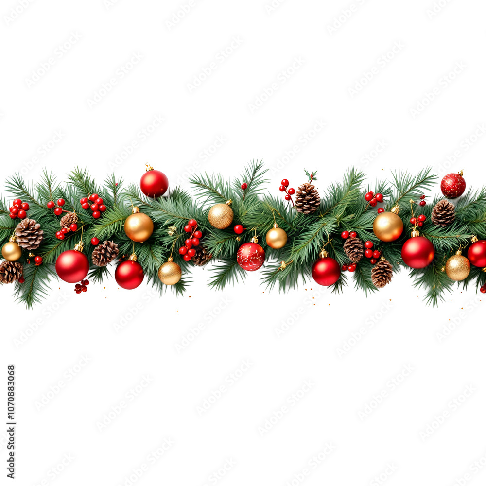 © mimo - The Christmas tree border with green fir branches, red bow, balls, golden stars and gold lights isolated on transparent background. © mimo - The Christmas tree border with green fir branches, red bow, balls, golden stars and gold lights isolated on transparent background.