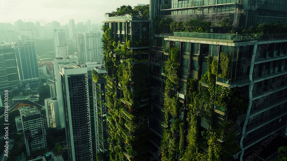 Obraz premium A high-rise building adorned with vertical gardens, showcasing greenery and sustainable living in an urban environment.