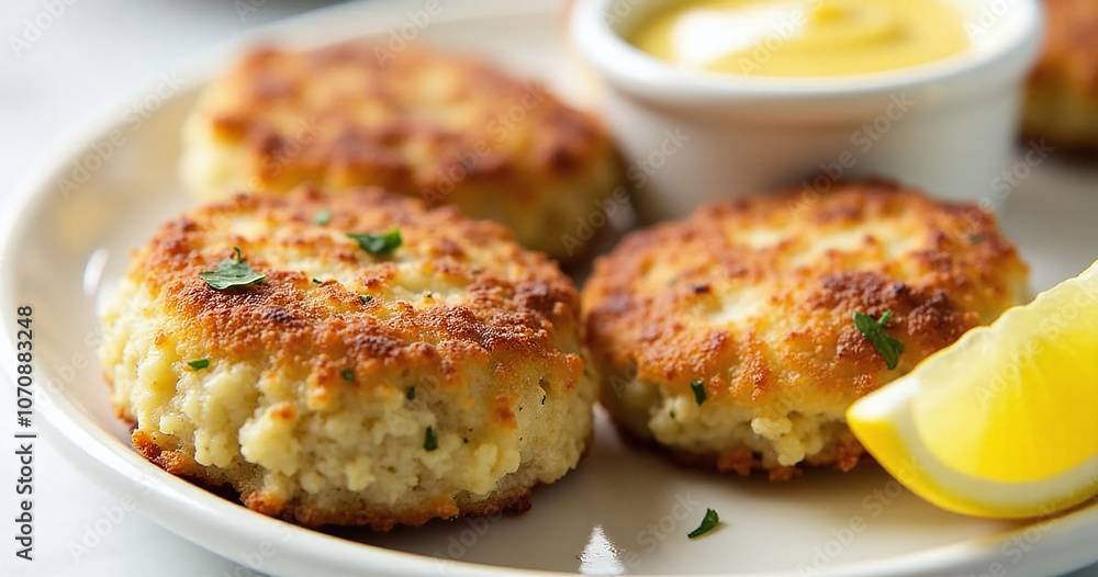 Crab cakes served with tangy remoulade sauce and a squeeze of fresh lemon on the side Crab cakes served with tangy remoulade sauce and a squeeze of fresh lemon on the side