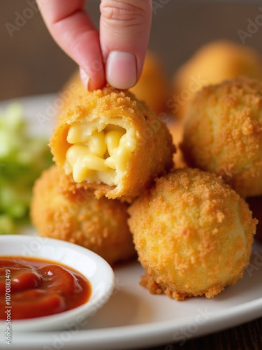 Crisp fried mac and cheese balls are served with a side of tangy marinara sauce for dipping enjoyment always