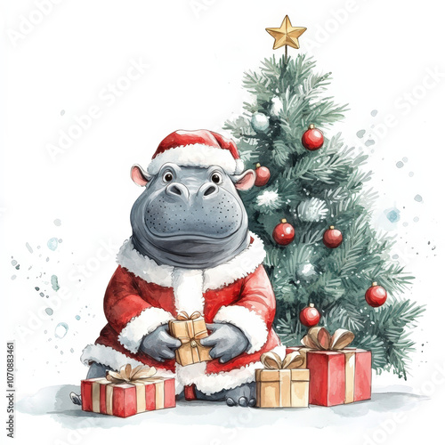 Cute hippo in santa outfit delivers holiday cheer with christmas presents