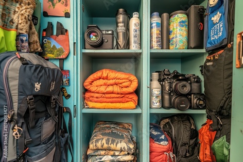 A Blue Cabinet Filled with Travel Gear and Accessories photo