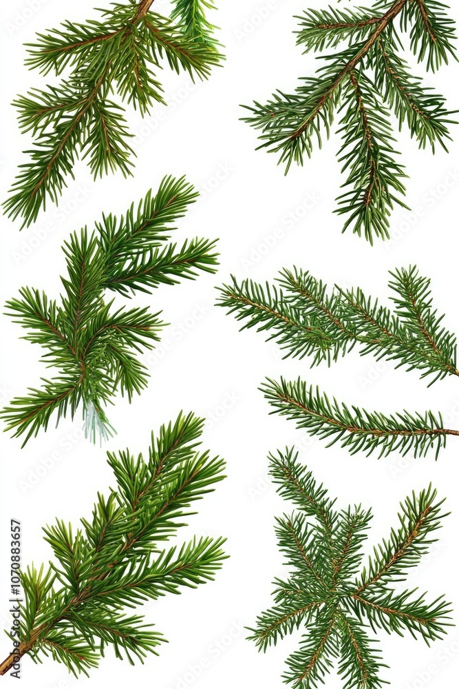 A collection of pine branches against a pure white background A collection of pine branches against a pure white background