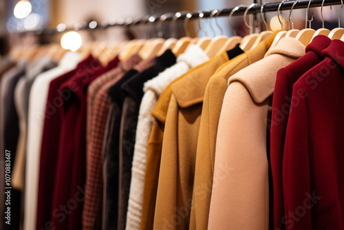 Wallpaper Mural Colorful coats hanging on a clothing rack in a boutique, showcasing various styles and textures, ideal for fall fashion trends Torontodigital.ca