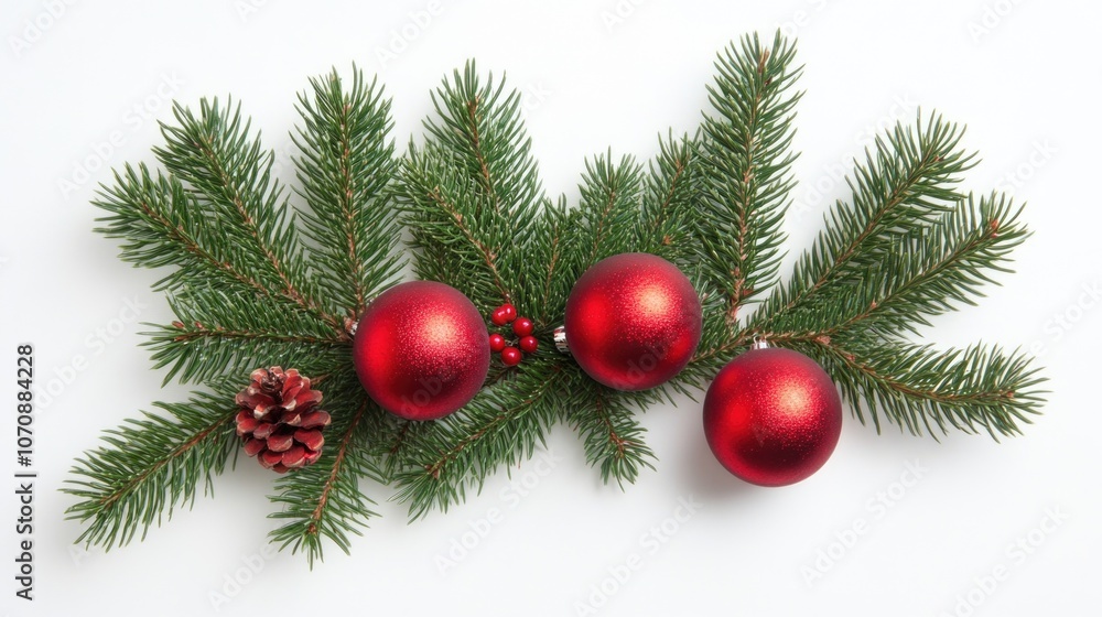 Fototapeta premium A decorative branch from a Christmas tree featuring three red ornaments