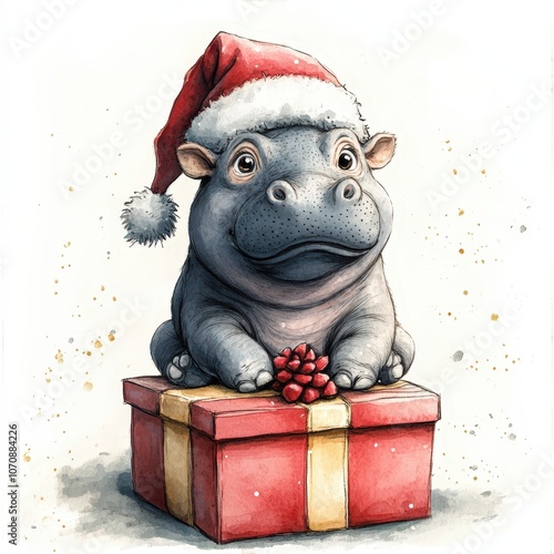 Celebrate christmas with a cute hippo sitting on a gift box in a festive scene