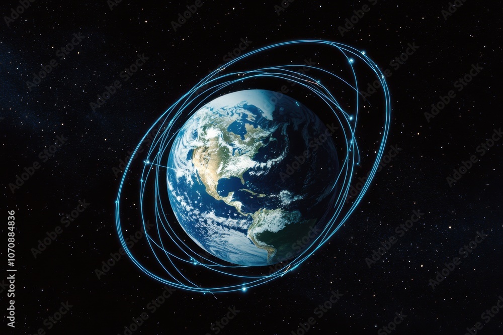 Naklejka premium An illustration of the Earth with blue lines connecting various locations around it, symbolizing a global network and connectivity Generative AI