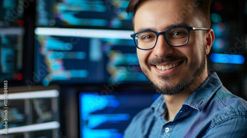 A man wearing glasses is smiling and looking at the camera