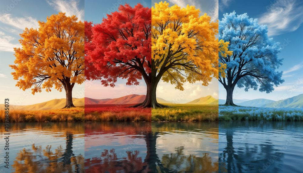 Colorful seasonal trees showcasing different seasons reflecting various stages of life Colorful seasonal trees showcasing different seasons reflecting various stages of life