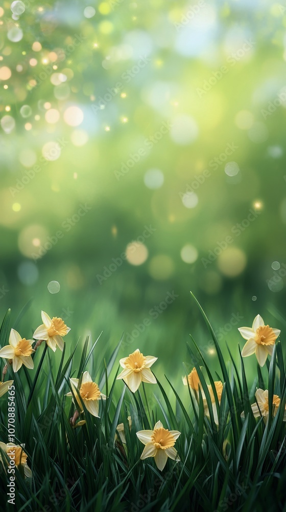 Fototapeta premium Daffodils blooming in a serene green field during springtime in soft morning light