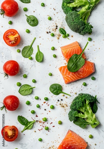vegetables with red fish on white background.