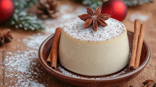 Holiday pudding in ceramic bowl with snowlike powdered sugar, cinnamon sticks, rustic festive dessert idea photo