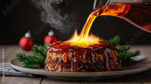 Holiday pudding with flaming brandy pouring over, dramatic lighting, Christmas celebration, classic dessert setting photo