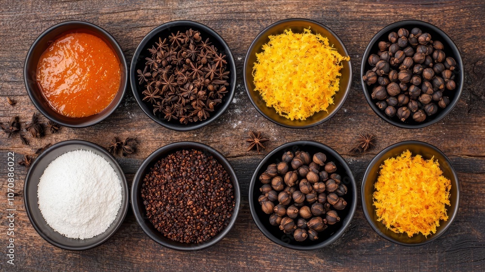 Overhead view of Christmas pudding ingredients on rustic wood cloves, orange zest, brandy, preparation for holiday baking Overhead view of Christmas pudding ingredients on rustic wood cloves, orange zest, brandy, preparation for holiday baking
