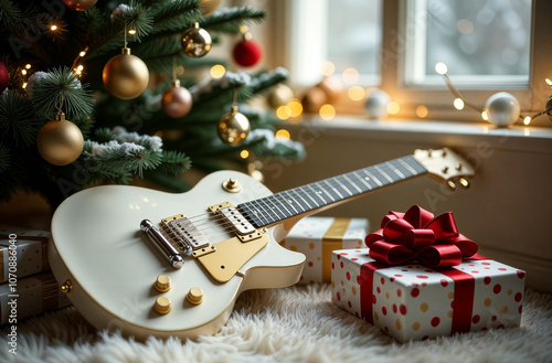 Christmas gift white guitar. A white guitar with a big gold bow lies under the Christmas tree.