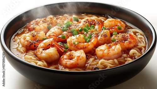 Steaming ramen with fried shrimp, isolated on a white background. 