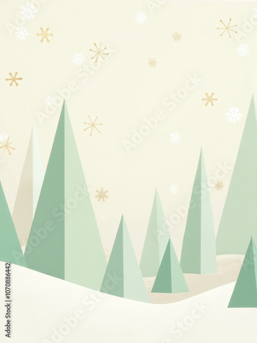 eometric Christmas trees and snowflakes adorn a minimalist design featuring light beige mint green and gold accents in a peaceful winter scene photo