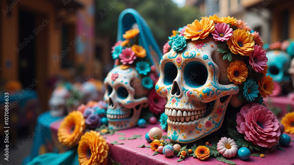 Day of the Dead, Día de los Muertos,a colorful display of decorated skulls adorned with flowers and decorative elements Day of the Dead, Día de los Muertos,a colorful display of decorated skulls adorned with flowers and decorative elements