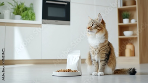 A cheerful cat sits serenely beside an empty dog bowl while a plain bag of cat food rests on the floor in a bright contemporary kitchen. The setting offers spaciousness and tranquility