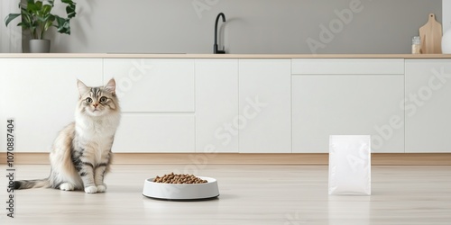 A fluffy cat happily sits next to an empty dog bowl with an unmarked bag of cat food nearby in a sleek and bright modern kitchen filled with natural light