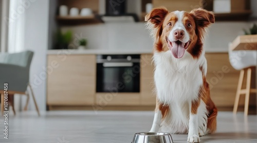 This happy border collie occupies a stylish kitchen eagerly sitting next to an empty bowl on the floor. The atmosphere suggests a peaceful and spacious design filled with natural light photo