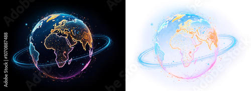 a glowing, abstract representation of the earth , dotted lines connecting the continents, on black or transparent alpha background